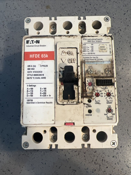 Used EATON HFDE322532 65K 225 AMP CIRCUIT BREAKER 3 POLE 600 VAC with warranty