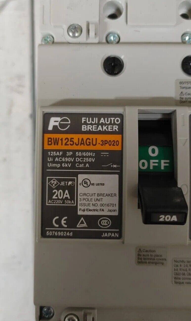 Fuji BW125JAGU-3P020 Auto Circuit Breaker 20A 3P 50/60Hz 690V-AC/ 250V-DC