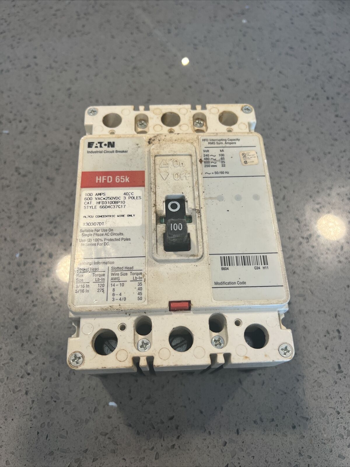 Used Eaton HFD3100BP10 100 Amps 3-Pole 600 VAC 250 VDC Circuit Breaker