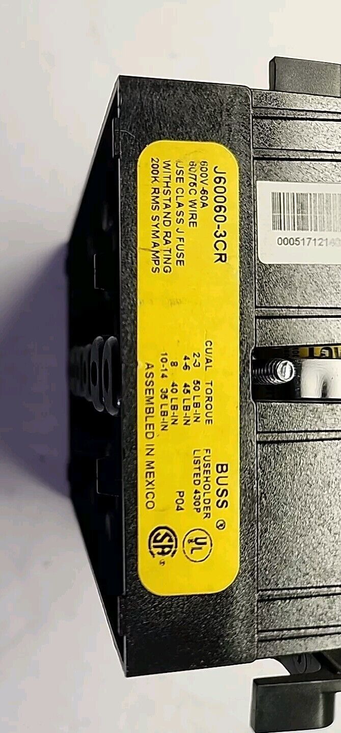 Buss J60060-3CR 60A 600V Class J Fuseholder & Fuse with Warranty & Free Shipping