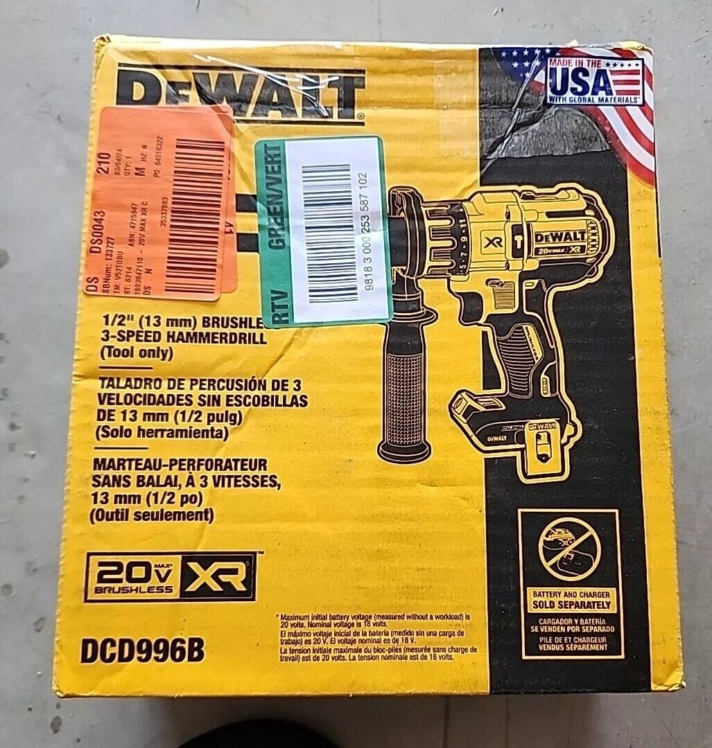 DeWALT DCD996B 1/2in 20V Cordless Hammer Drill -Tool Only - Warranty & Free Ship