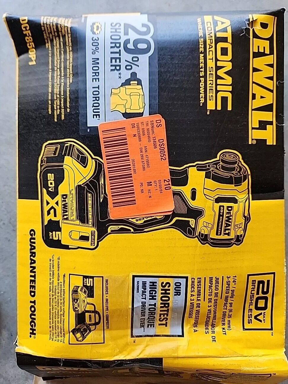 DEWALT DCF850P1 20V MAX Li-Ion 1/4" Driver Kit, 5aH Battery, Charger, Bag