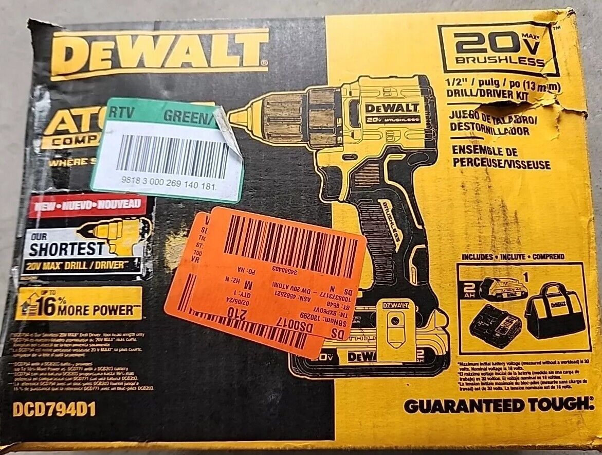 Dewalt DCD794D1 1/2" Drill/Driver 20v 2Ah Battery, Charger & Carry Bag Free Ship