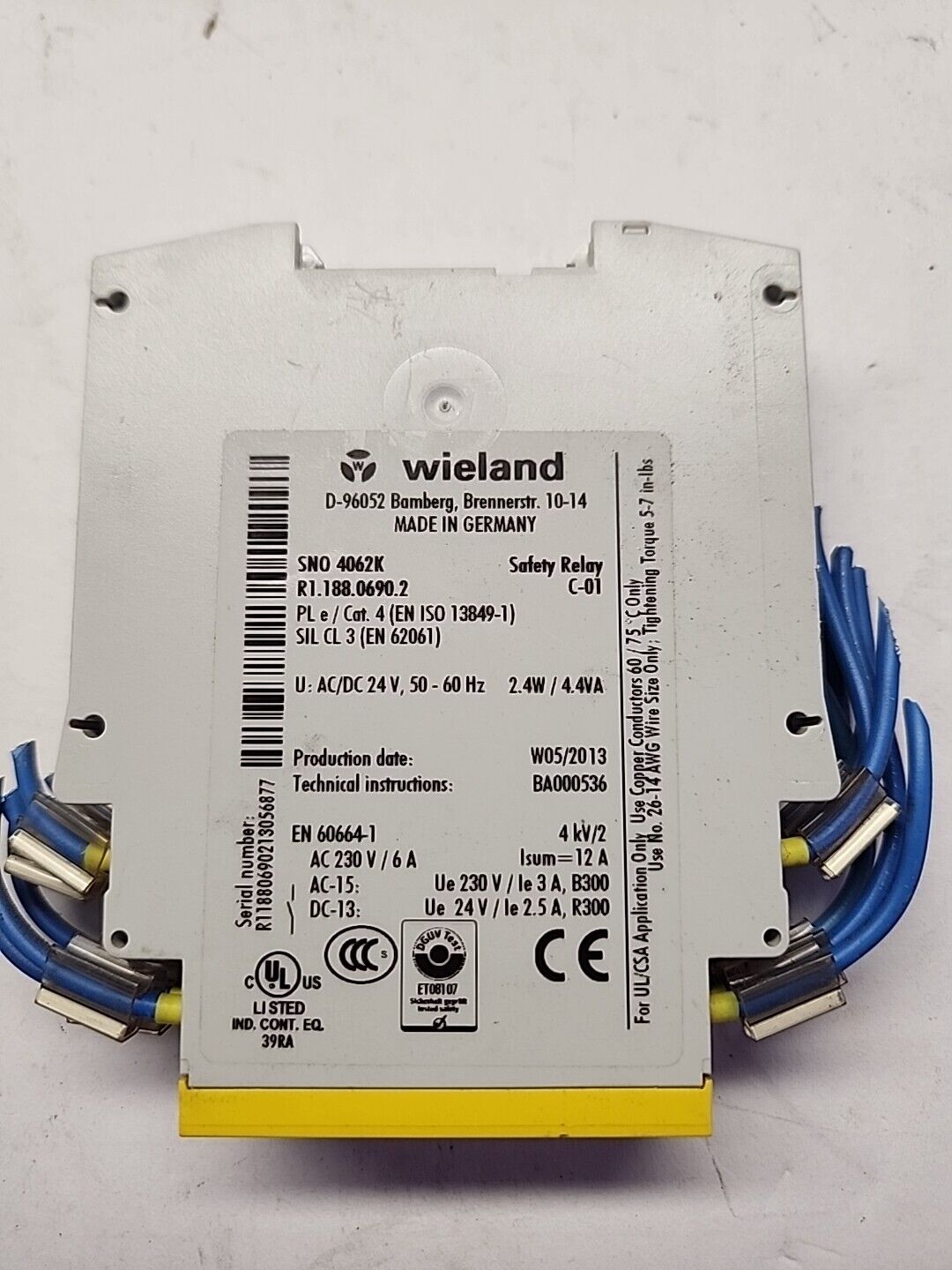 Wieland SNO 4062K-A Safety Relay, 24AC/DC, 60Hz, 2.4W / 4.4VA Free Shipping