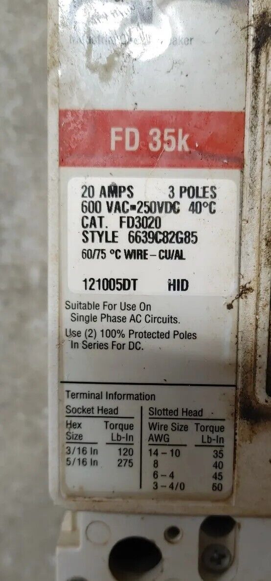 Eaton FD3020 20 Amp 3 Pole 600V FD 35K Aic Circuit Breaker Tested Free Shipping