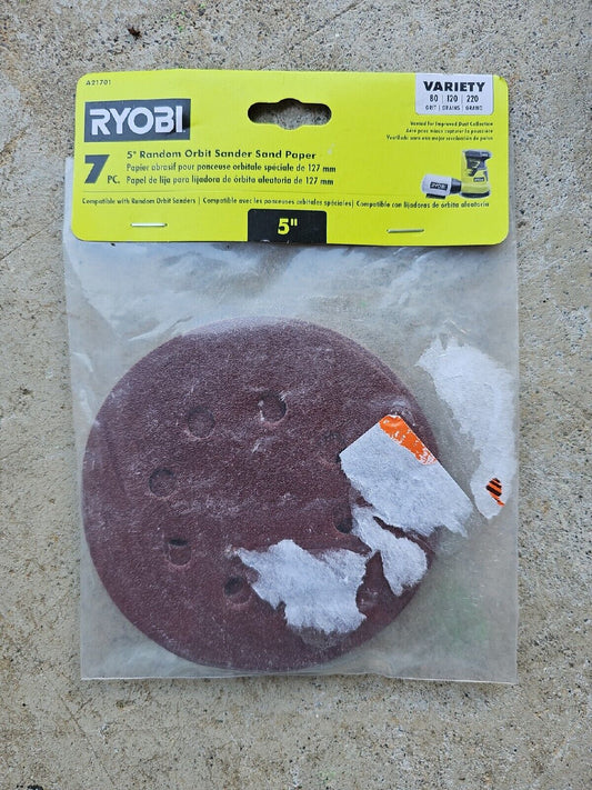 RYOBI 7-Piece 5 in. Random Orbit Sand Paper Assortment Set - 80, 120, and 220 Gr