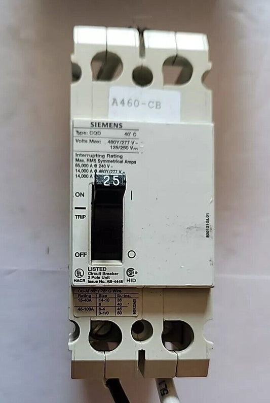 Siemens CQD225 Circuit Breaker 25 Amp 2-Pole 277/480Vac / 125/250Vdc CQD