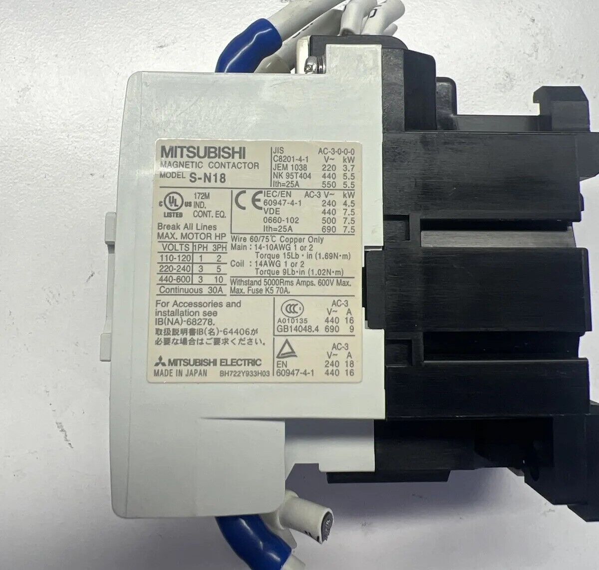 Used MITSUBISHI S-N18 AC120V CONTACTOR with Warranty &  Free Shipping