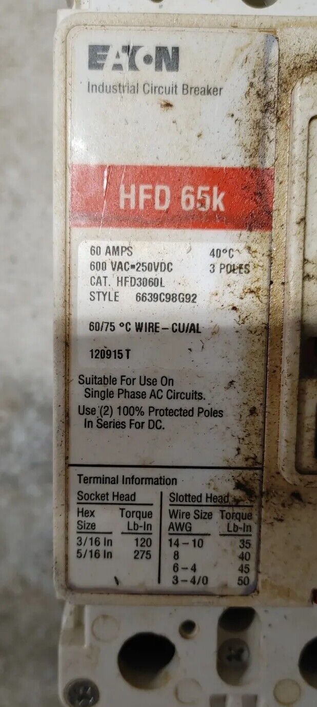 Eaton HFD3060L 3 Pole 60 Amp 600 Vac Circuit Breaker HFD 65K Free Shipping