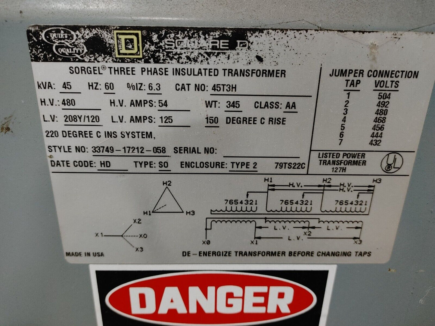 Square D 45T3H 45 KVA H.V. 480 208Y/120 3 Phase & Switch Interrupter w/WARRANTY