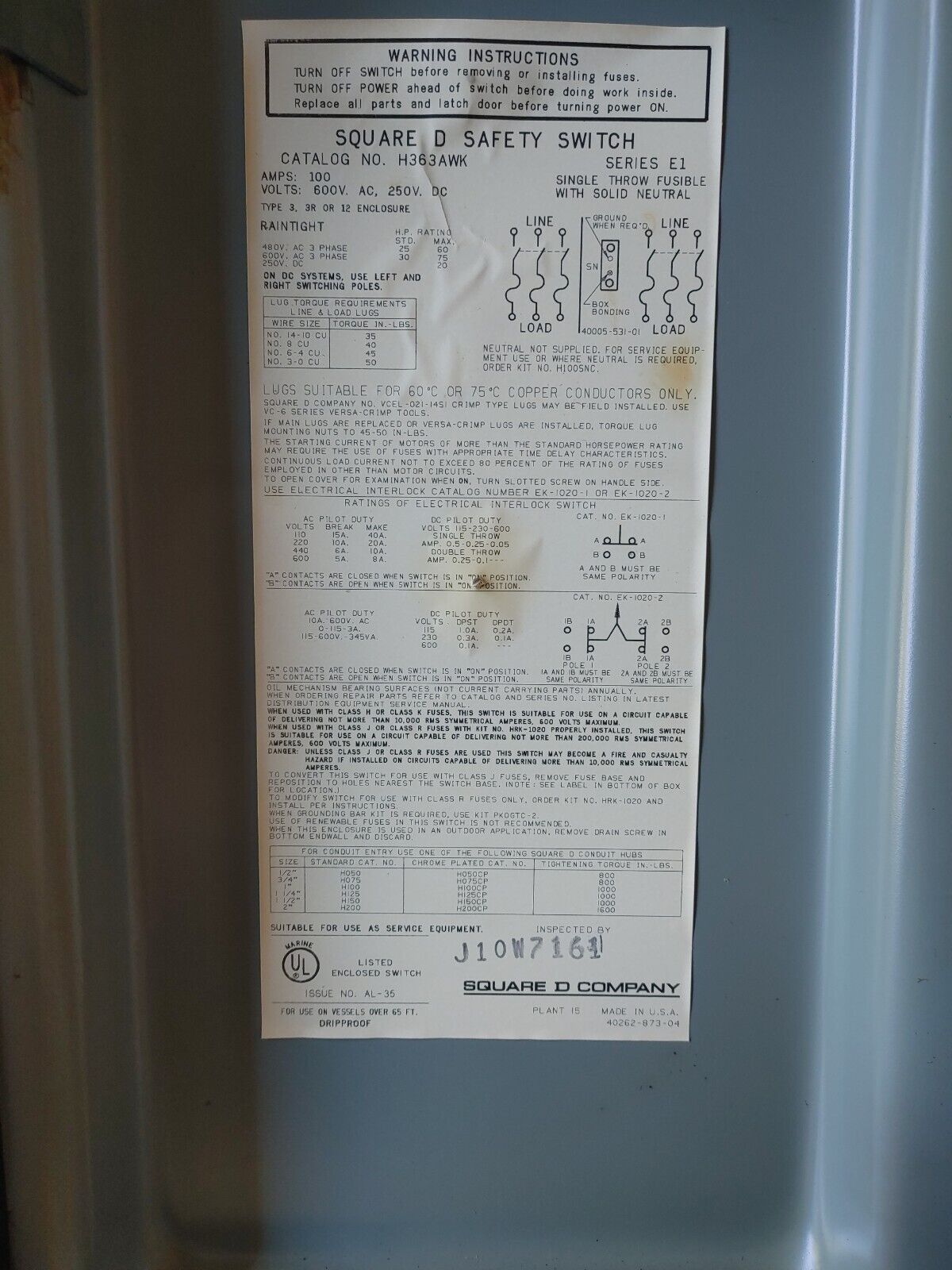 Square D H363AWK Series E1 100 Amp Heavy Duty Safety Switch 600V 3 Phase