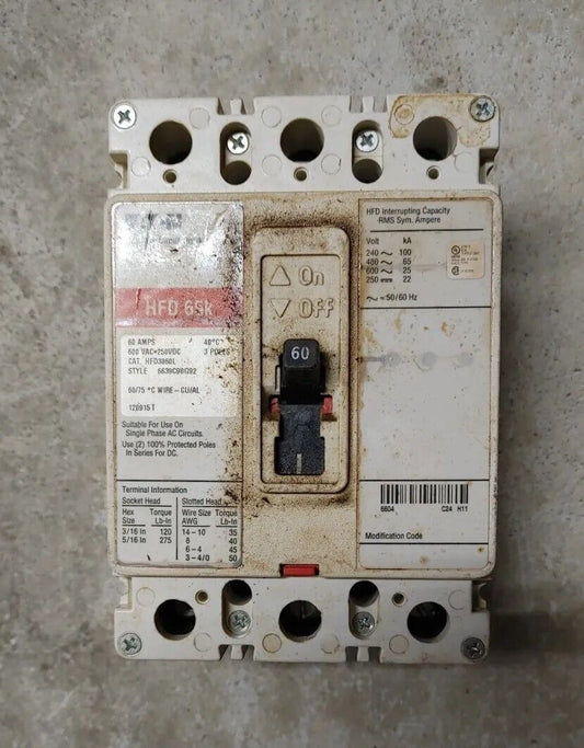 Eaton HFD3060L 3 Pole 60 Amp 600 Vac Circuit Breaker HFD 65K Free Shipping