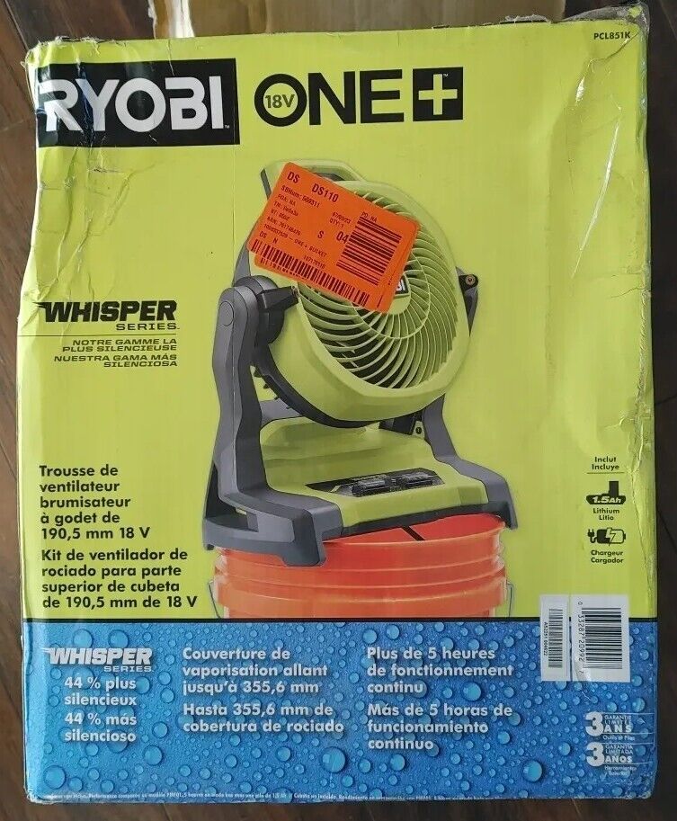 Ryobi ONE+ 18V 7-1/2" Bucket Top Misting Fan Kit w/1.5 Ah Battery PCL851K