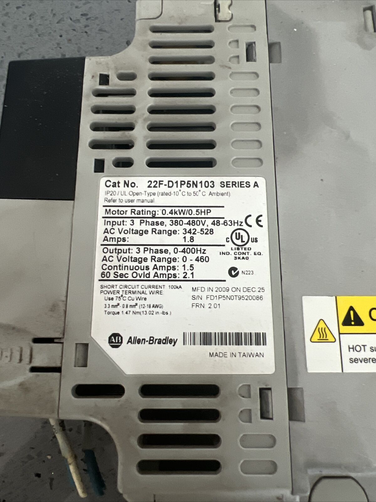 Used Allen-Bradley 22F-D1P5N103 Power Flex 4M 0.4 kW 0.5 HP AC Drive Free Ship