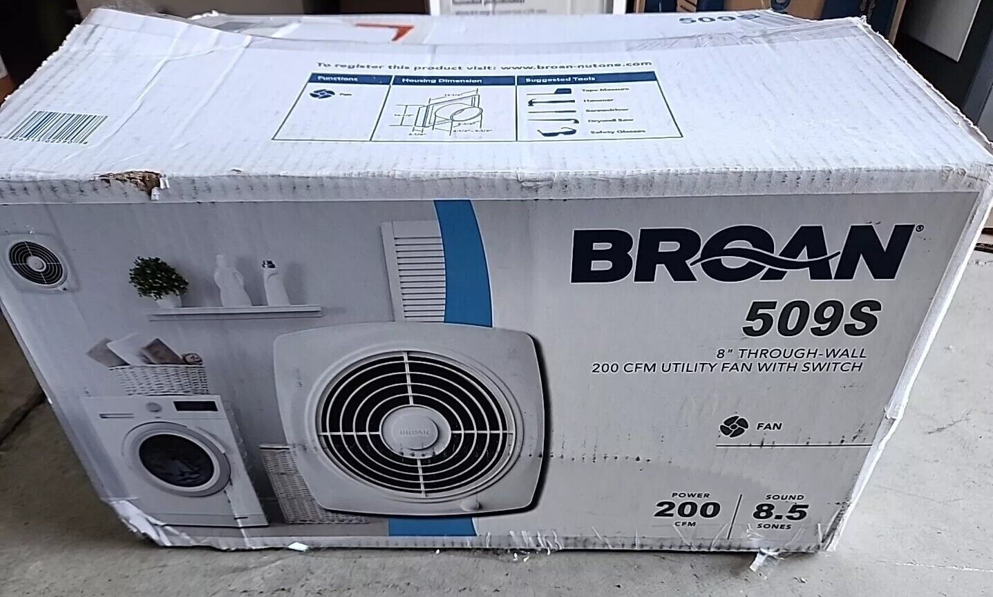 Broan 509S 200 CFM 6.5 Sone Wall Mounted HVI Certified Utility Fan With Switch