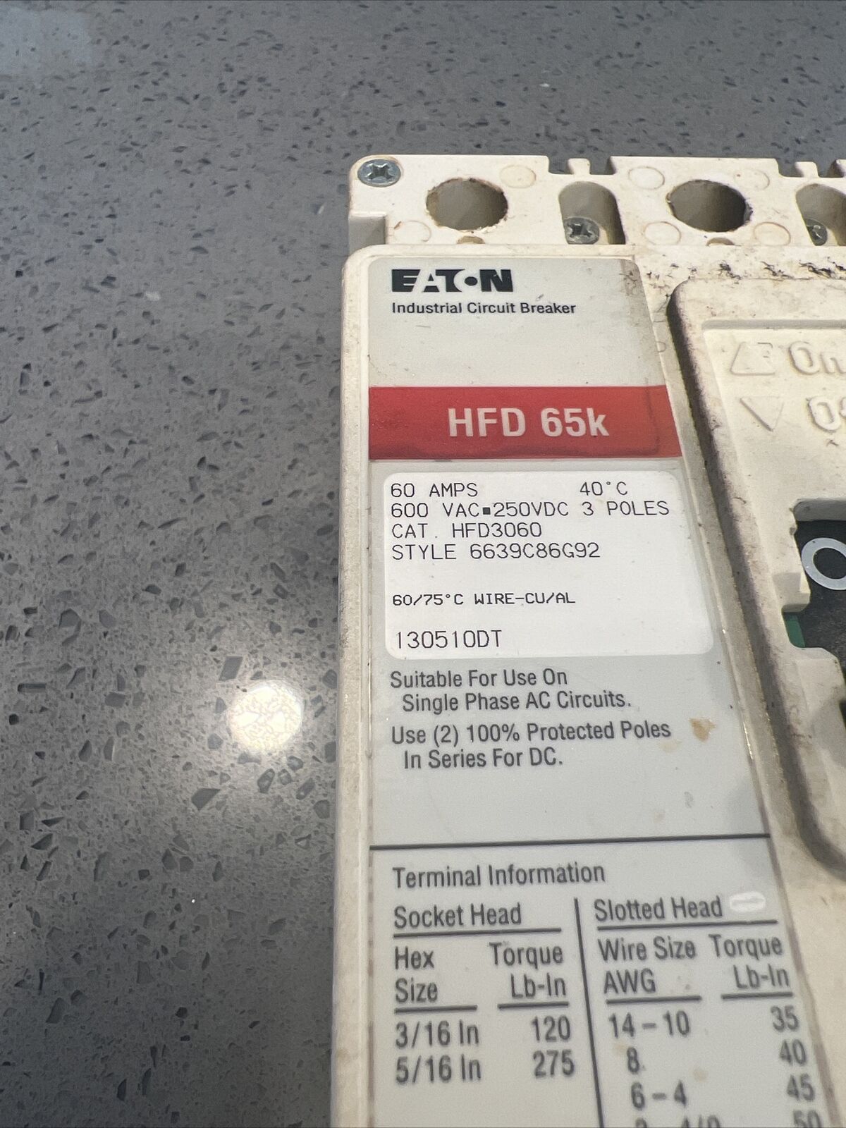 Used EATON HFD3060 CIRCUIT BREAKER 60A 3POLE 600V w/ warranty Free Shipping