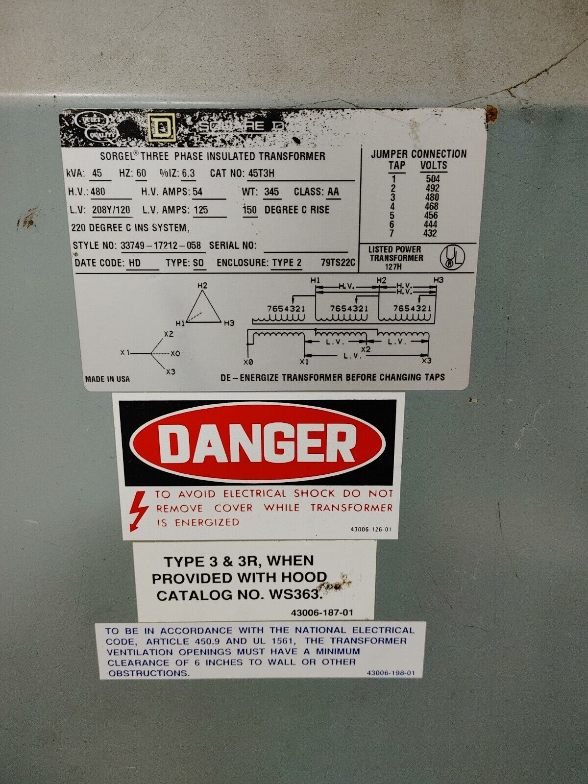 Square D 45T3H 45 KVA H.V. 480 208Y/120 3 Phase & Switch Interrupter w/WARRANTY