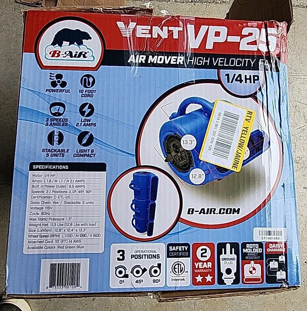 B-Air VP-25 1/4 HP Air Mover for Water Damage Restoration Warranty & Free Ship